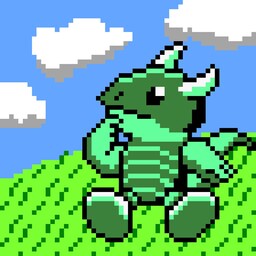 Some pixel art of a green dragon sitting on a grass hill curiously