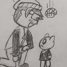 Myself kneeling and commenting on RenlsDead's OC, Ghost, towards their height (2'') ''Holy crap you're such a scrinklo'' Unbeknownst to me, they have a Super Mushroom in their reserve and it drops down on them, Super Mario World style. Ghost then proceeds to grow to their tall form (5'6'') and I appropriately commentate while sweating (I was also 5'6'' at the time I made this) ''w-w-what the fu-''