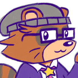 An anthropomorphic Raccoon Dog wearing a beanie, glasses, and the Hachiko High School Uniform (a purple school  uniform with a blazer, button-up shirt, and a big star clip for the tie)